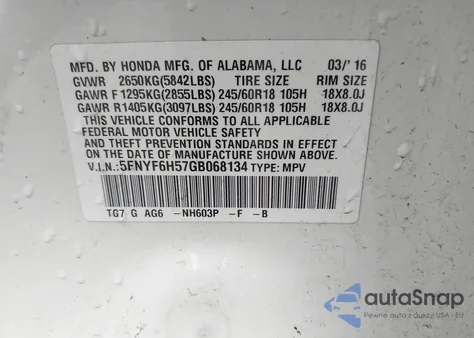 2016 Honda Pilot Ex-L из США, поврежденный, VIN 5FNYF6H57GB068134